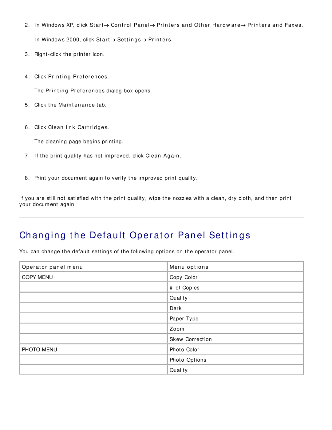 Dell 926 manual Changing the Default Operator Panel Settings, Click Clean Ink Cartridges, Operator panel menu Menu options 