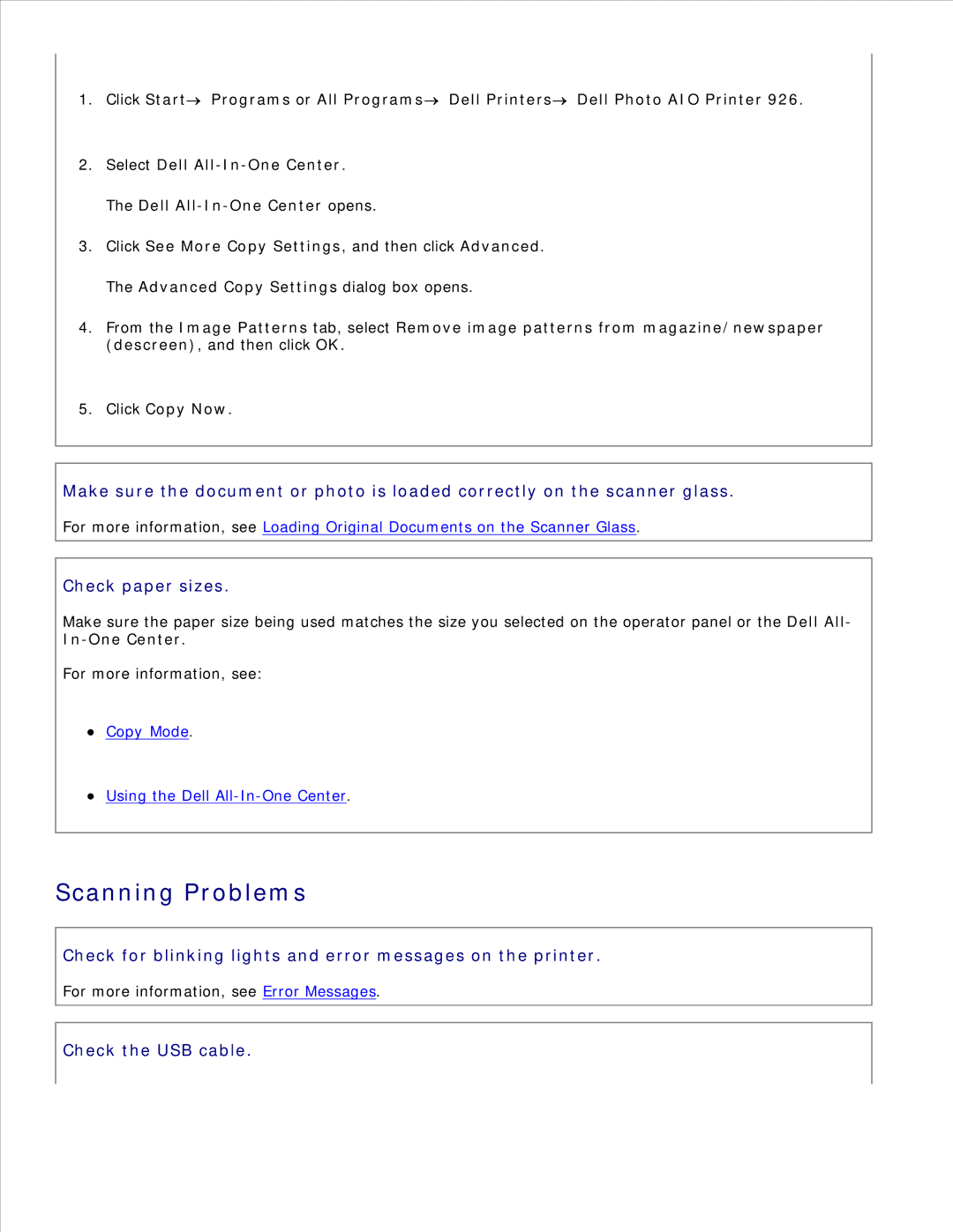 Dell 926 manual Scanning Problems, Check paper sizes 