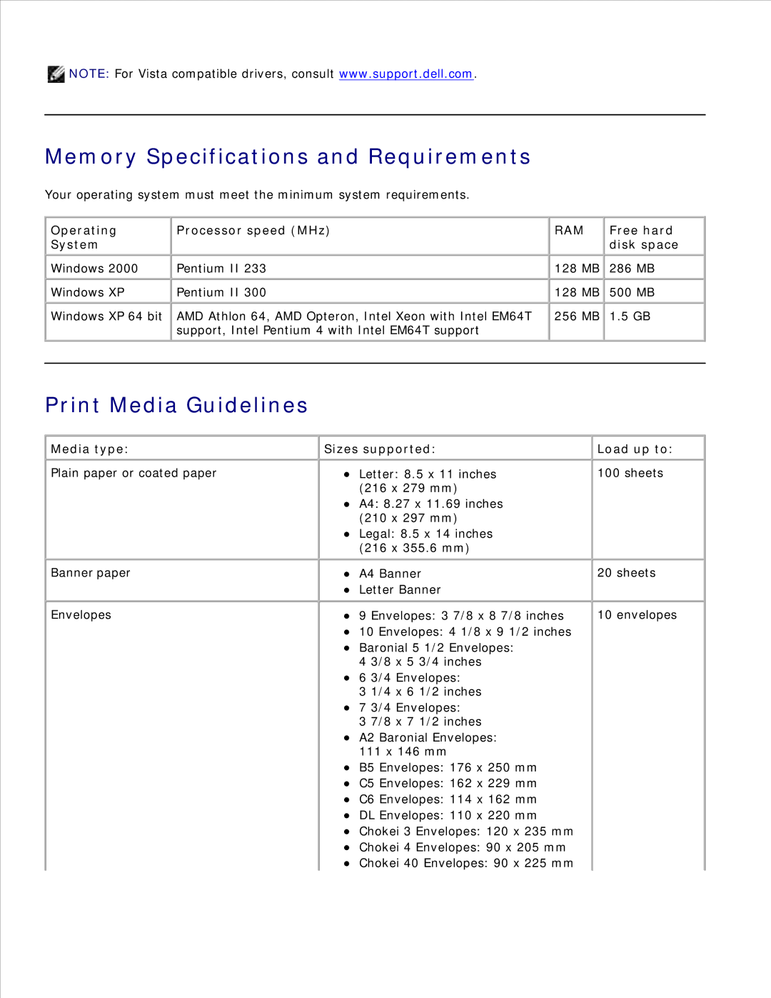 Dell 926 manual Memory Specifications and Requirements, Print Media Guidelines 