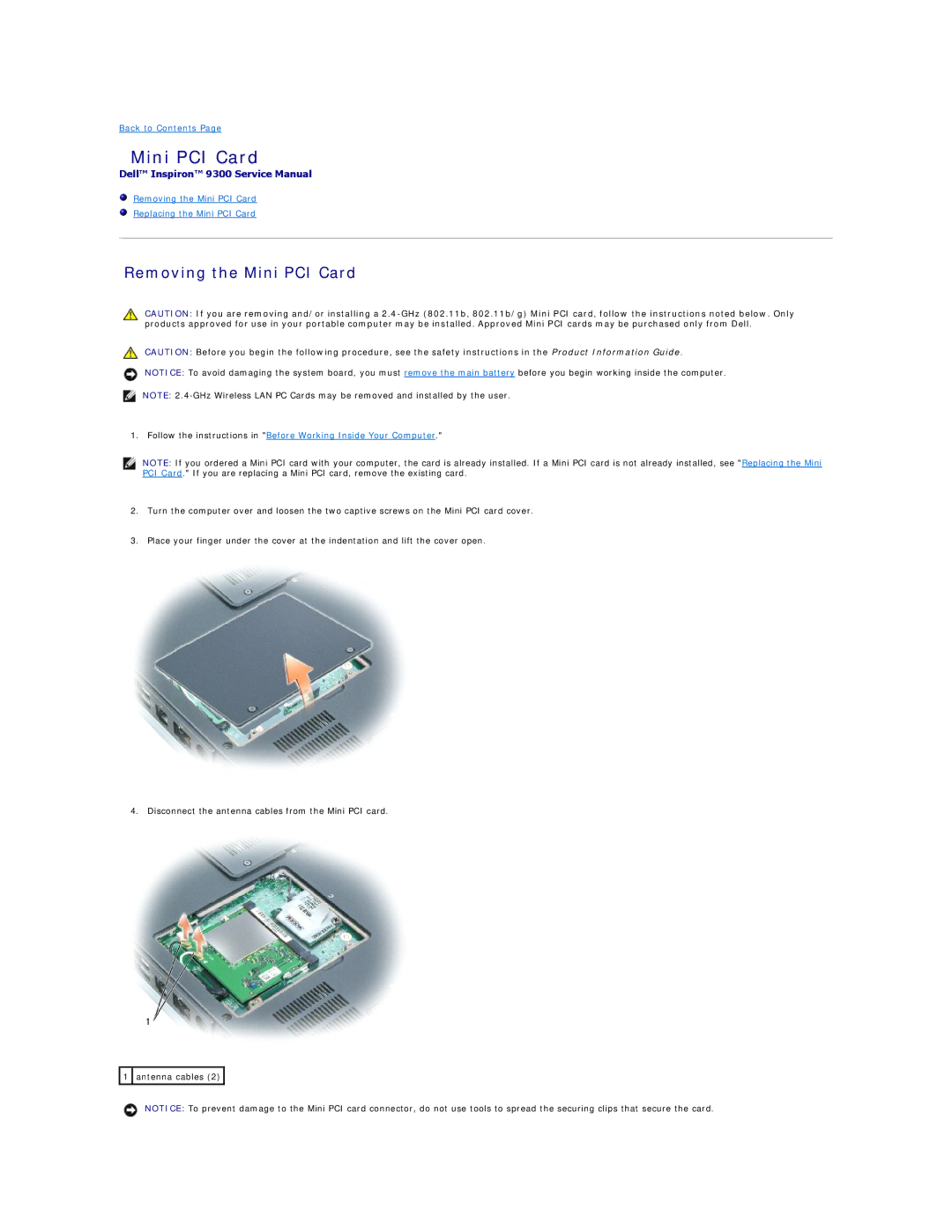 Dell 9300 manual Removing the Mini PCI Card 