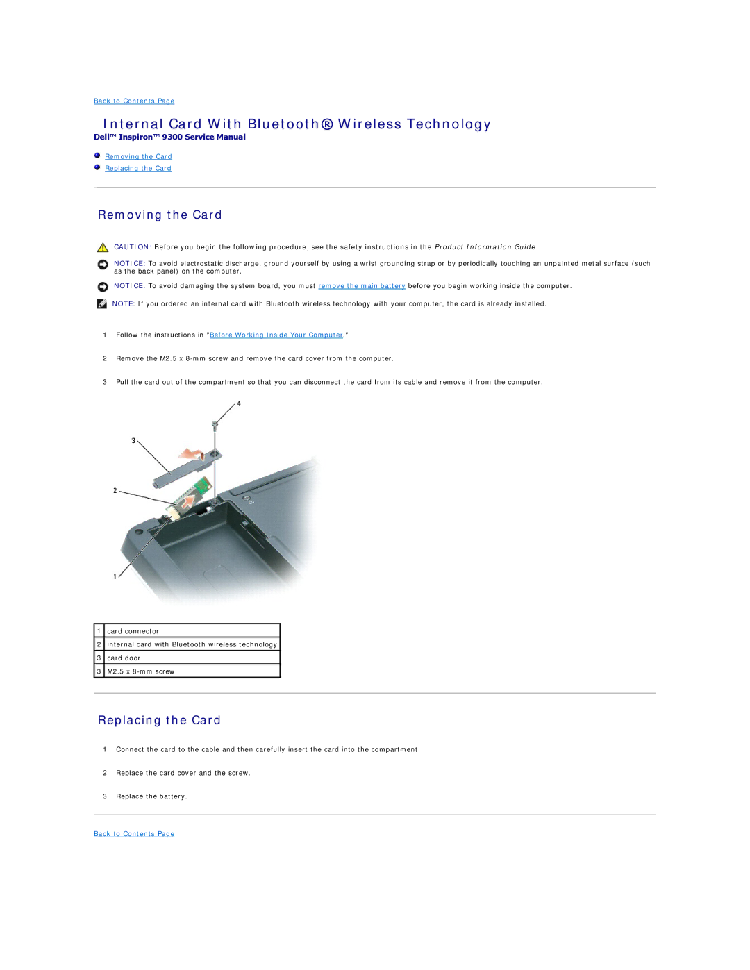 Dell 9300 manual Internal Card With Bluetooth Wireless Technology, Removing the Card, Replacing the Card 