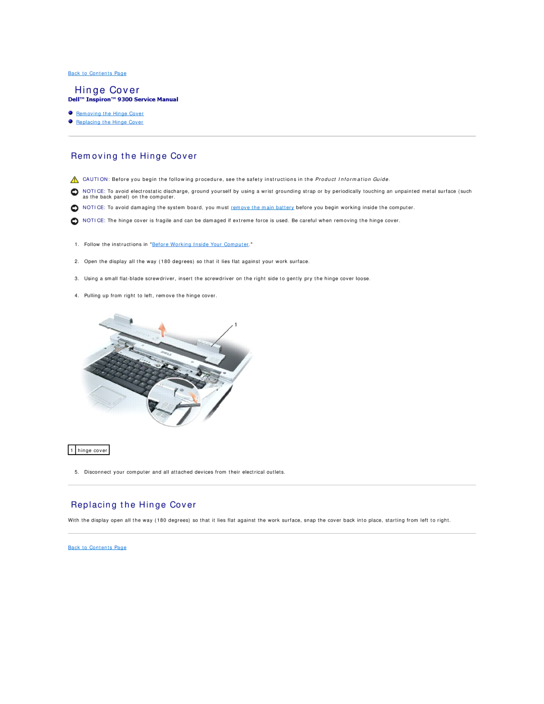 Dell 9300 manual Removing the Hinge Cover, Replacing the Hinge Cover 