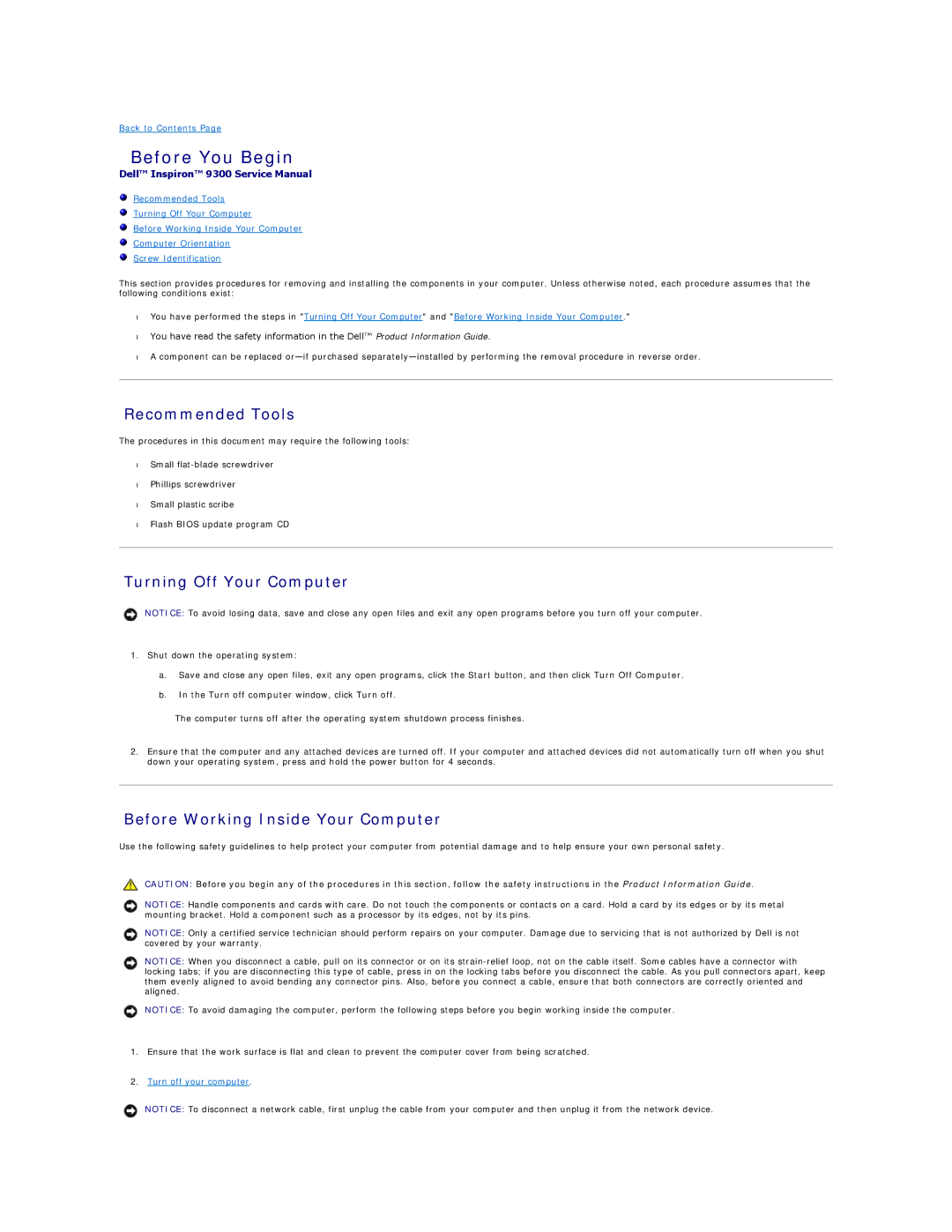 Dell 9300 manual Before You Begin, Recommended Tools, Turning Off Your Computer, Before Working Inside Your Computer 
