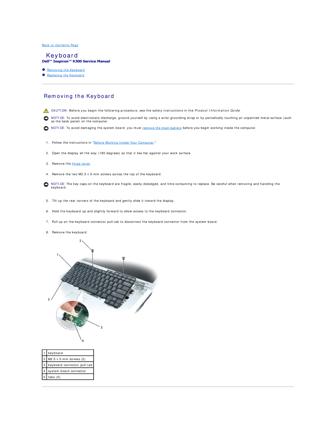 Dell 9300 manual Removing the Keyboard 