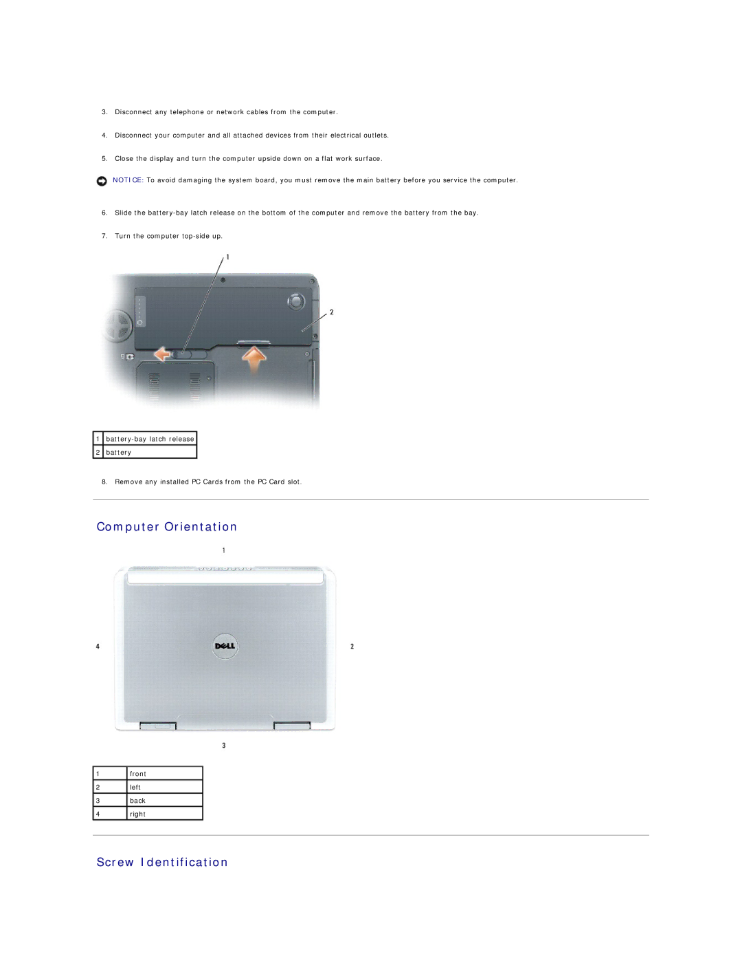 Dell 9300 manual Computer Orientation, Screw Identification 