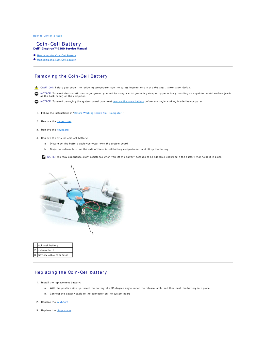 Dell 9300 manual Removing the Coin-Cell Battery, Replacing the Coin-Cell battery 