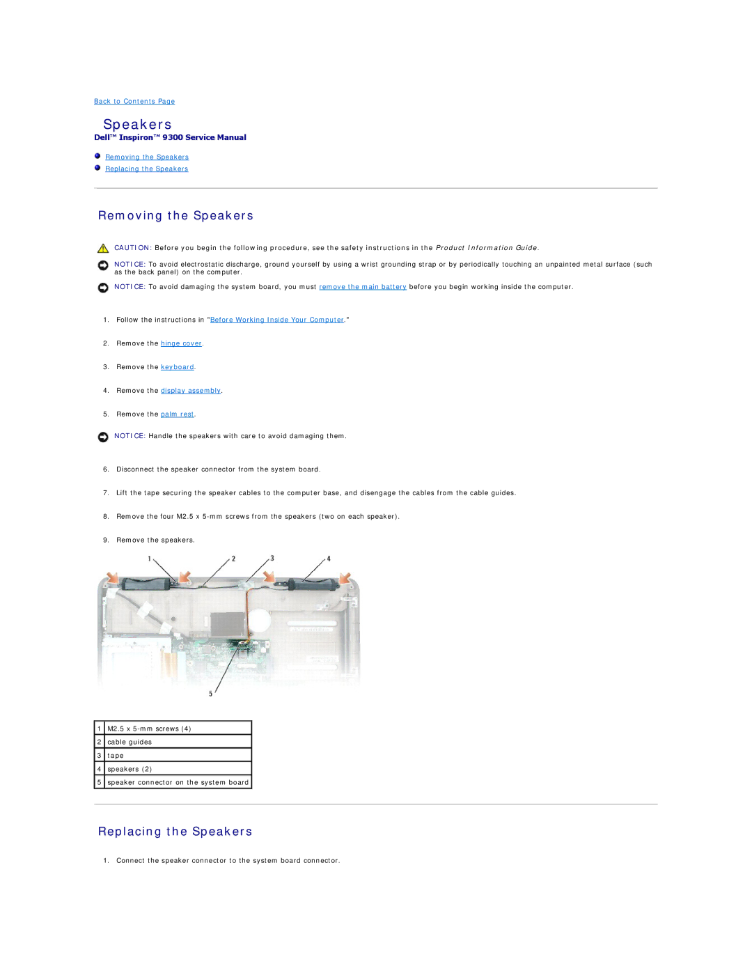Dell 9300 manual Removing the Speakers, Replacing the Speakers 