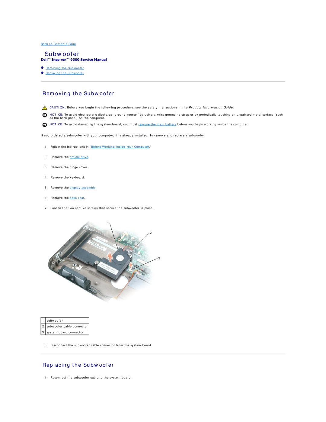 Dell 9300 manual Removing the Subwoofer, Replacing the Subwoofer 