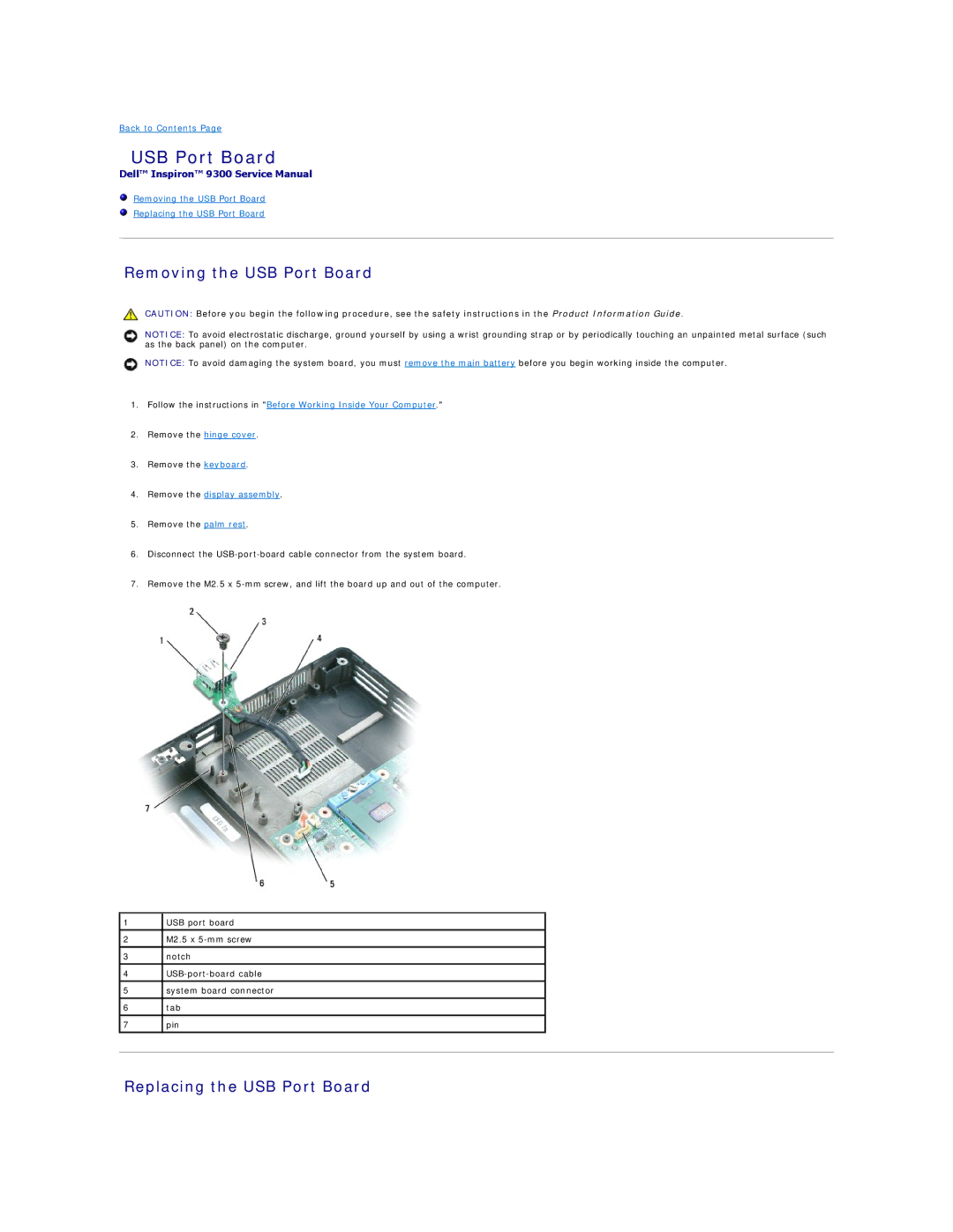 Dell 9300 manual Removing the USB Port Board, Replacing the USB Port Board 