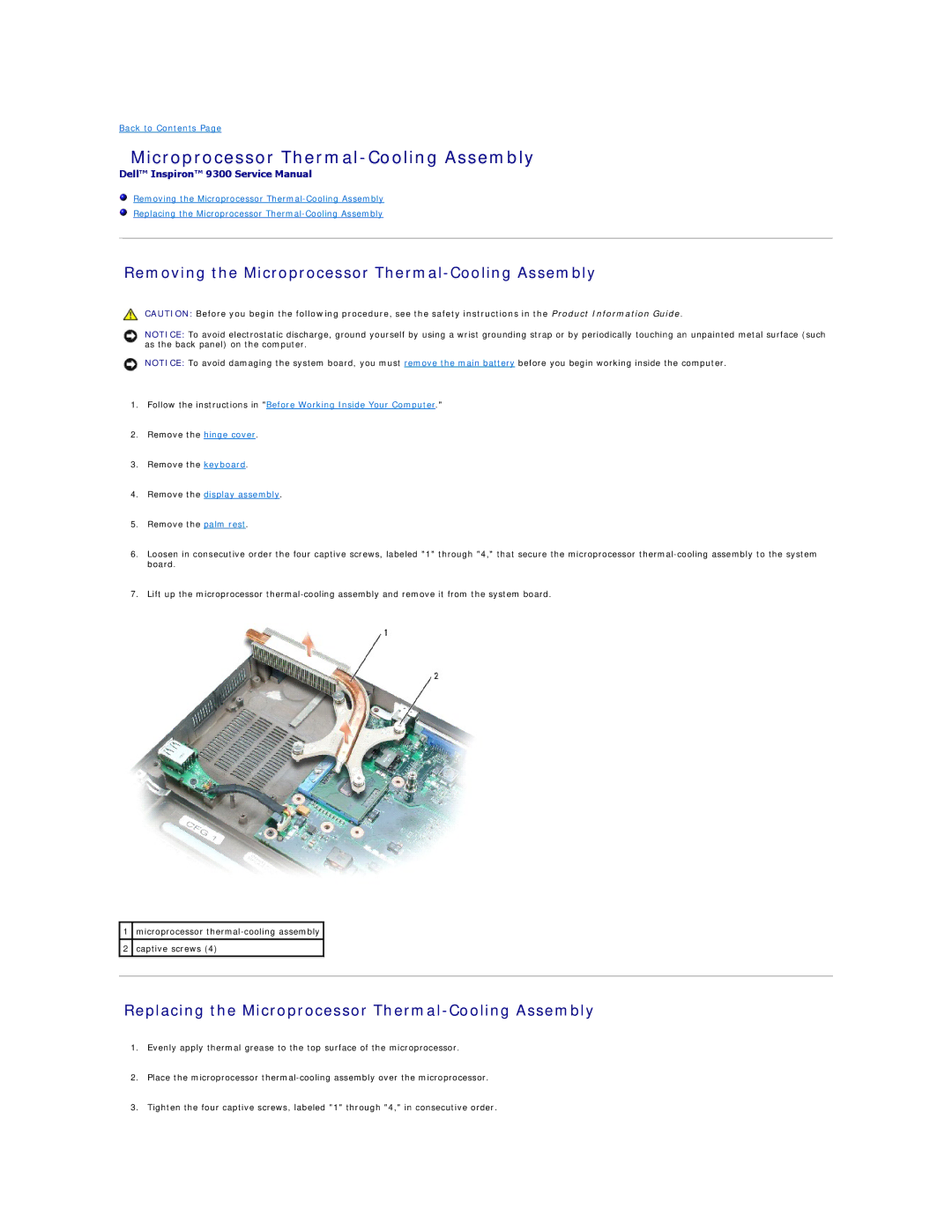 Dell 9300 Removing the Microprocessor Thermal-Cooling Assembly, Replacing the Microprocessor Thermal-Cooling Assembly 