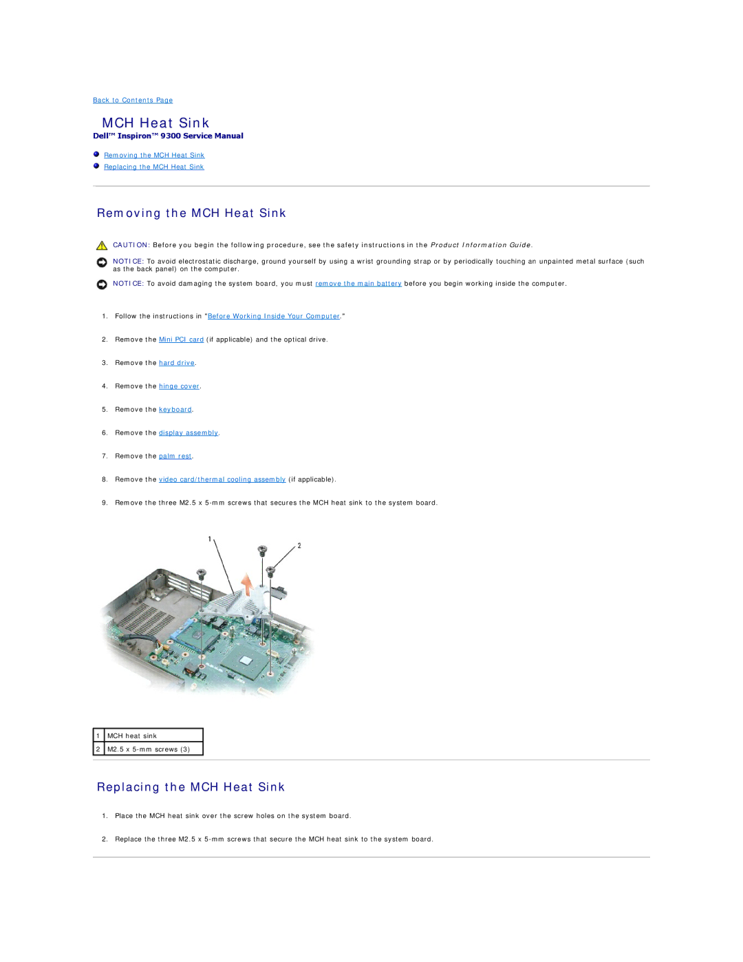 Dell 9300 manual Removing the MCH Heat Sink, Replacing the MCH Heat Sink 