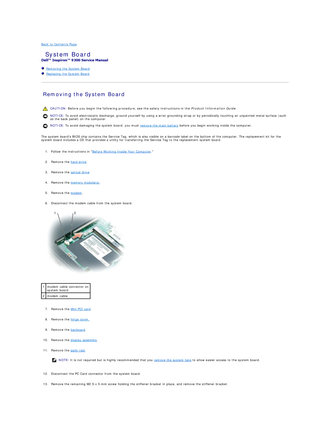 Dell 9300 manual Removing the System Board 