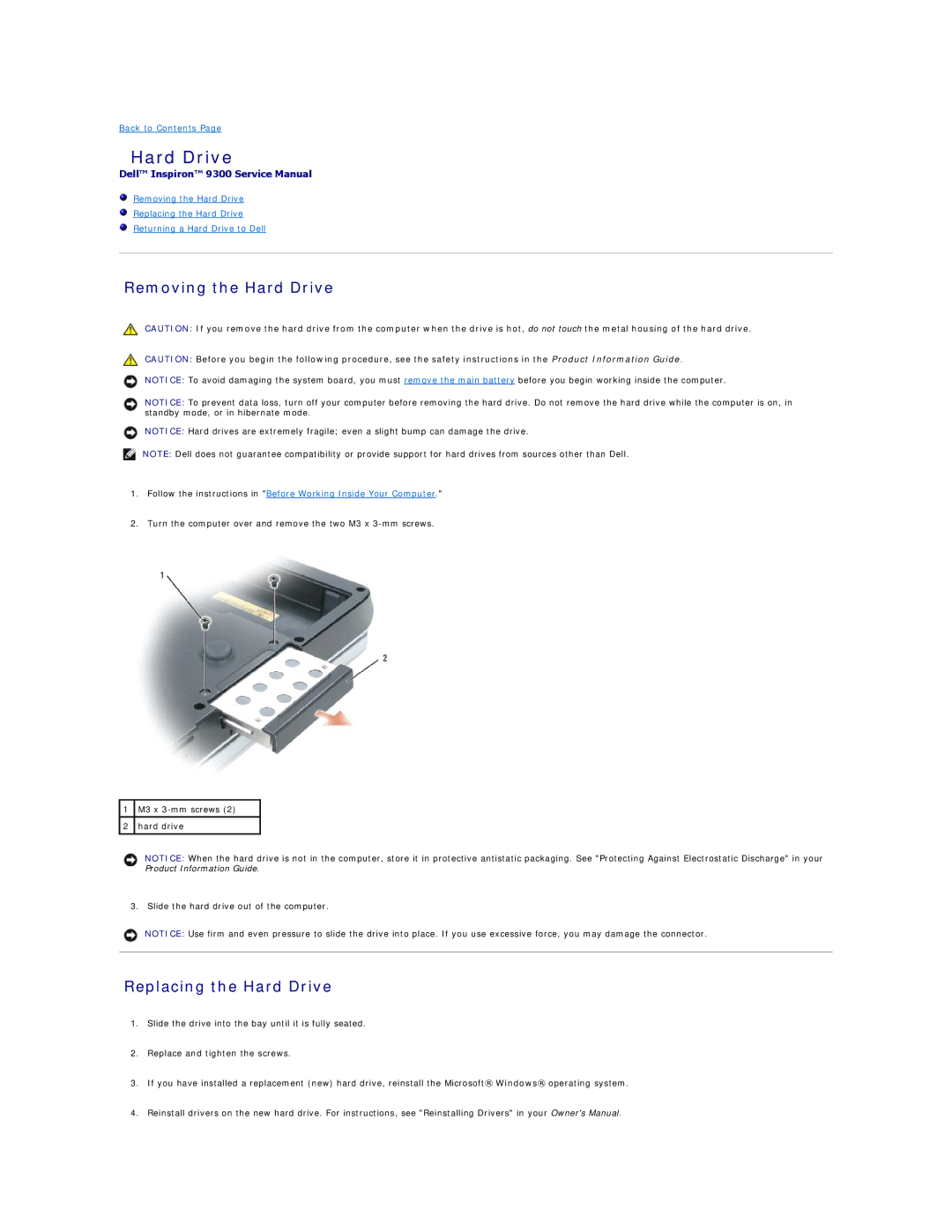 Dell 9300 manual Removing the Hard Drive, Replacing the Hard Drive 