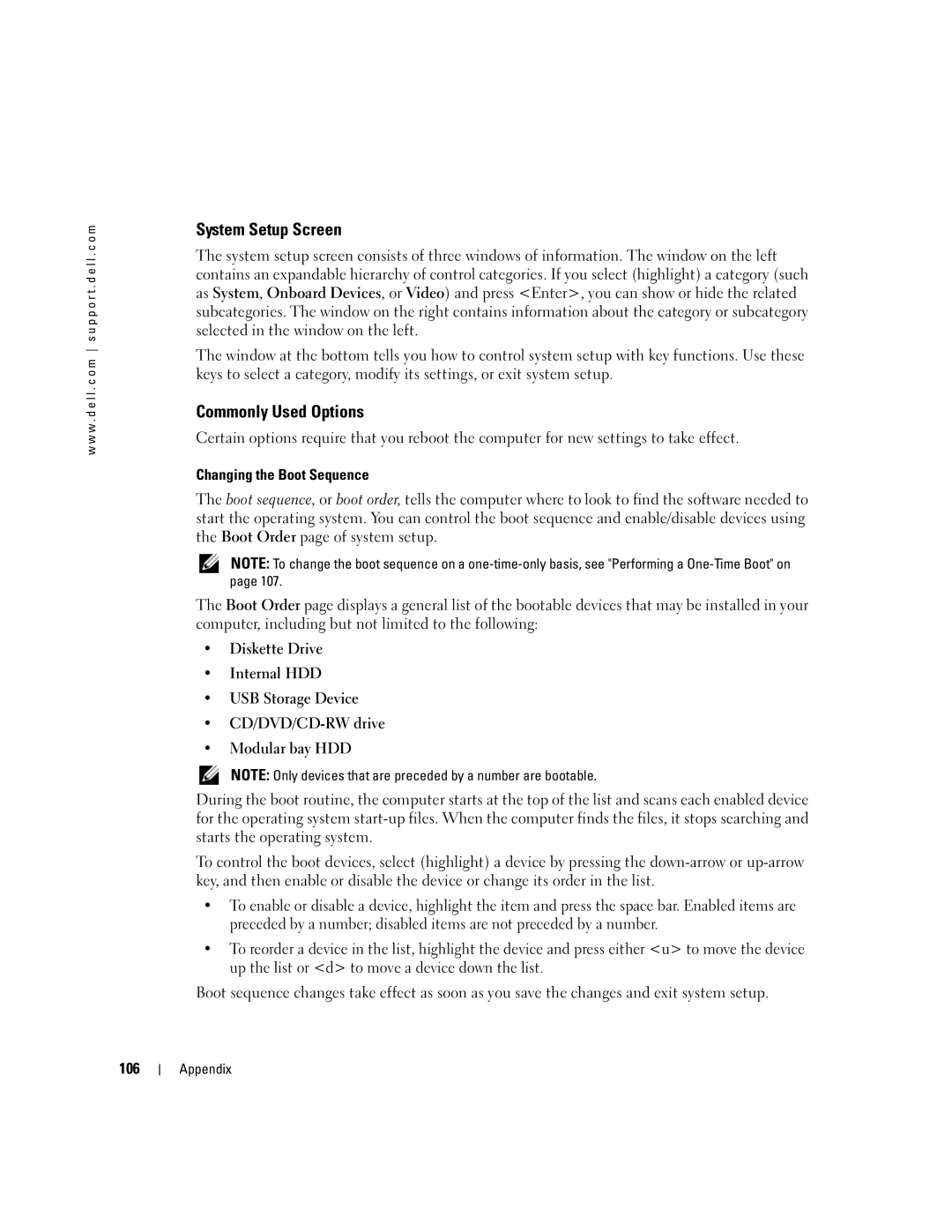 Dell 9300 owner manual System Setup Screen, Commonly Used Options, Changing the Boot Sequence, 106 