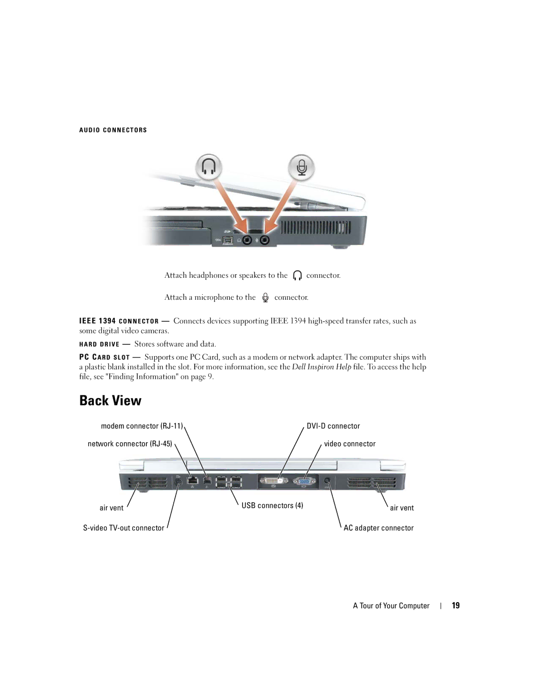 Dell 9300 owner manual Back View, Air vent USB connectors Video TV-out connector 