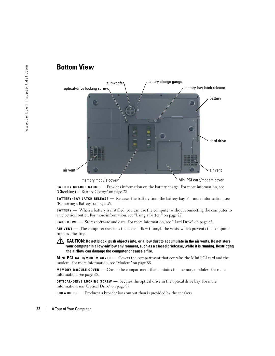 Dell 9300 Bottom View, Subwoofer Battery charge gauge Optical-drive locking screw, Hard drive Air vent Memory module cover 