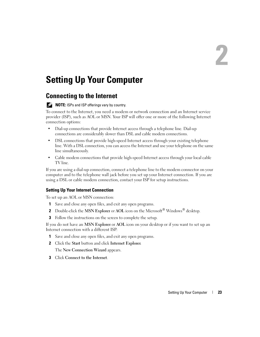 Dell 9300 owner manual Setting Up Your Computer, Connecting to the Internet, Setting Up Your Internet Connection 