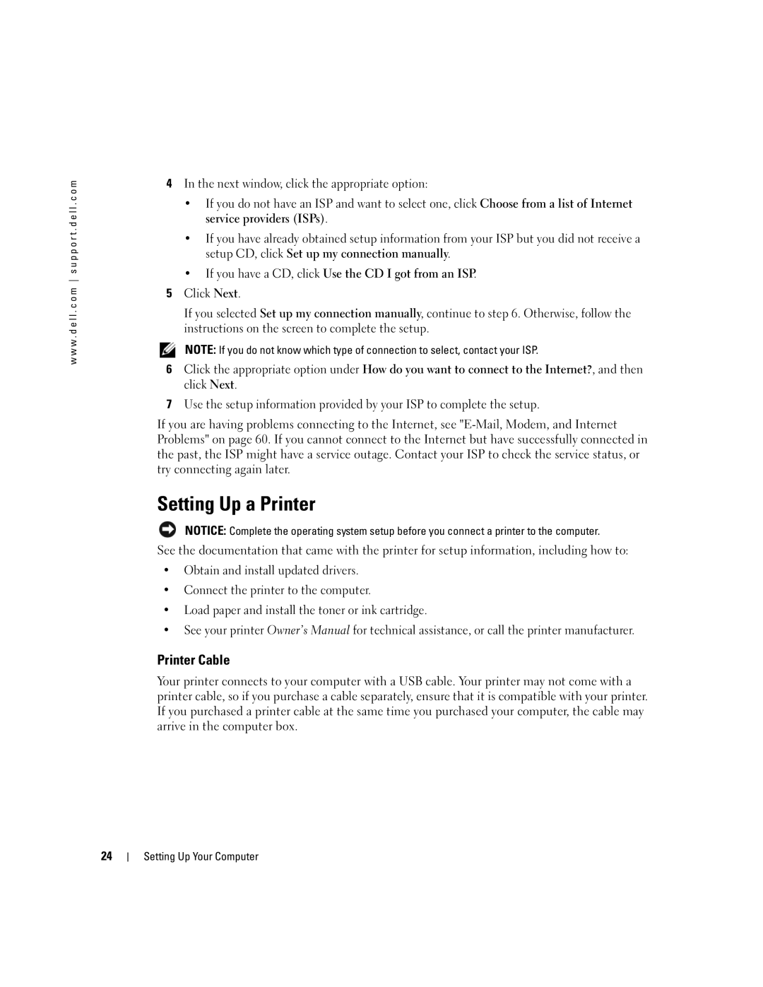 Dell 9300 owner manual Setting Up a Printer, Printer Cable, Next window, click the appropriate option 