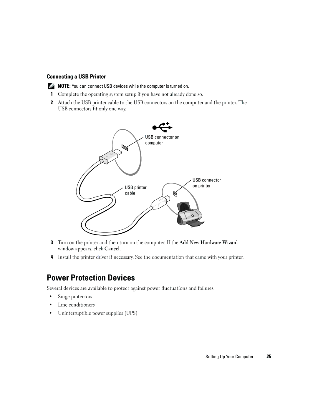 Dell 9300 owner manual Power Protection Devices, Connecting a USB Printer, USB connector on computer 