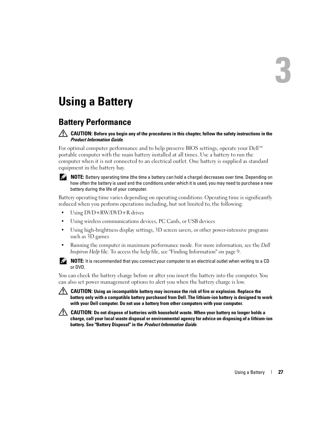 Dell 9300 owner manual Using a Battery, Battery Performance 