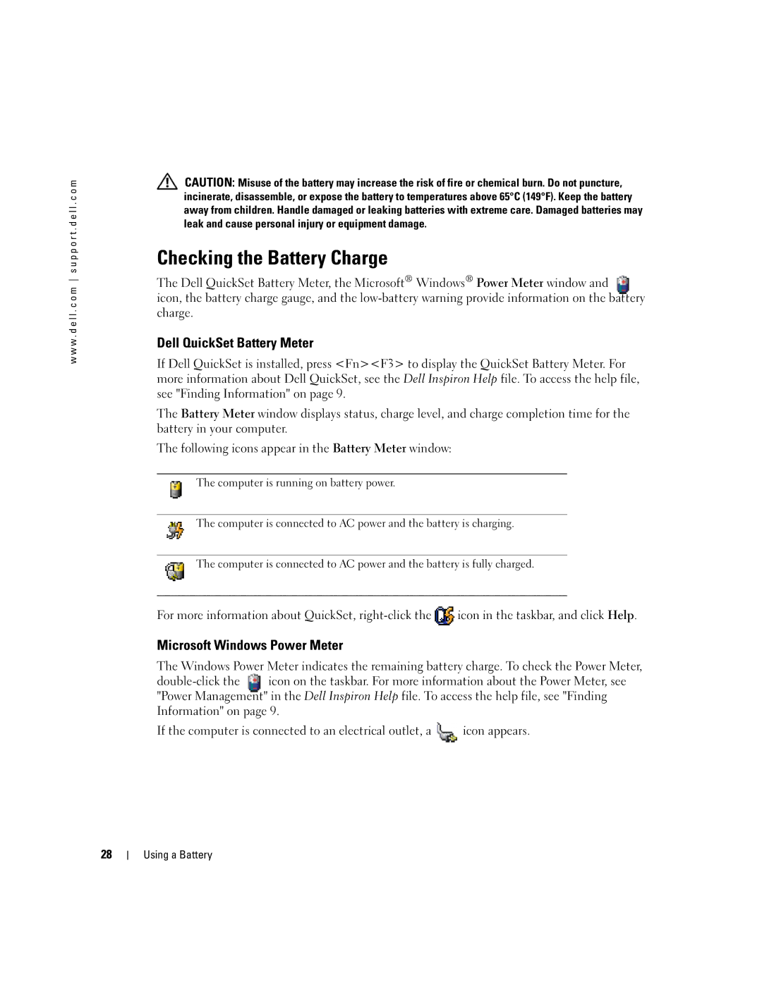 Dell 9300 owner manual Checking the Battery Charge, Dell QuickSet Battery Meter, Microsoft Windows Power Meter 