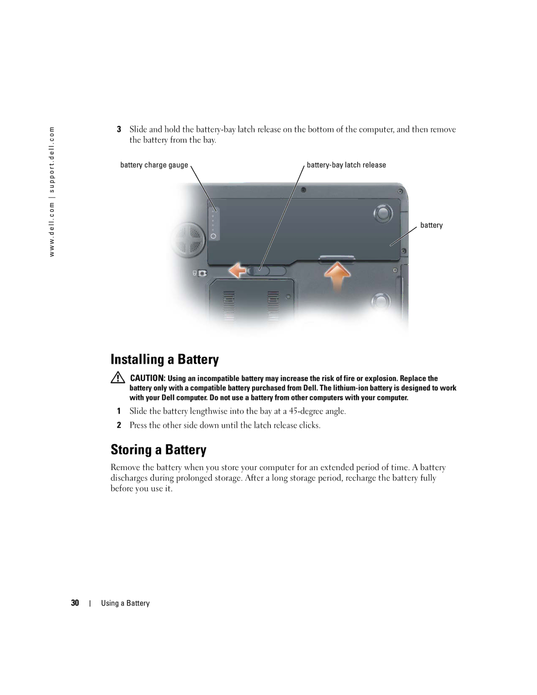 Dell 9300 owner manual Installing a Battery, Storing a Battery 