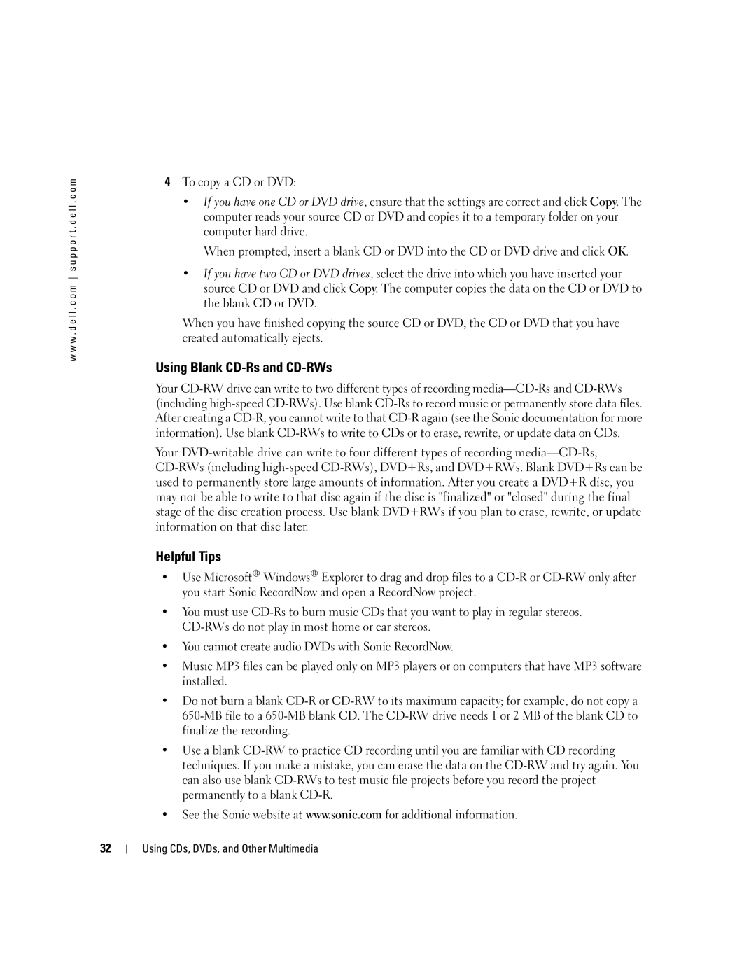 Dell 9300 owner manual Using Blank CD-Rs and CD-RWs, Helpful Tips 