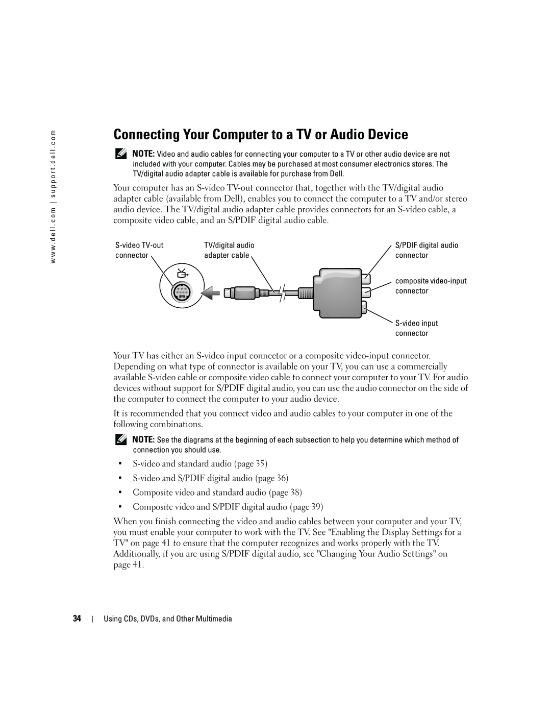 Dell 9300 Connecting Your Computer to a TV or Audio Device, Video TV-out TV/digital audio, Connector Adapter cable 