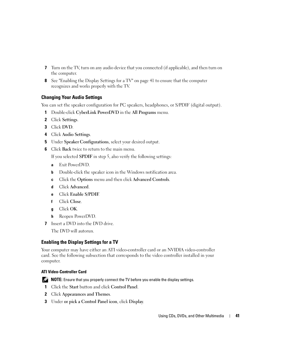 Dell 9300 owner manual Changing Your Audio Settings, Enabling the Display Settings for a TV, Click DVD 