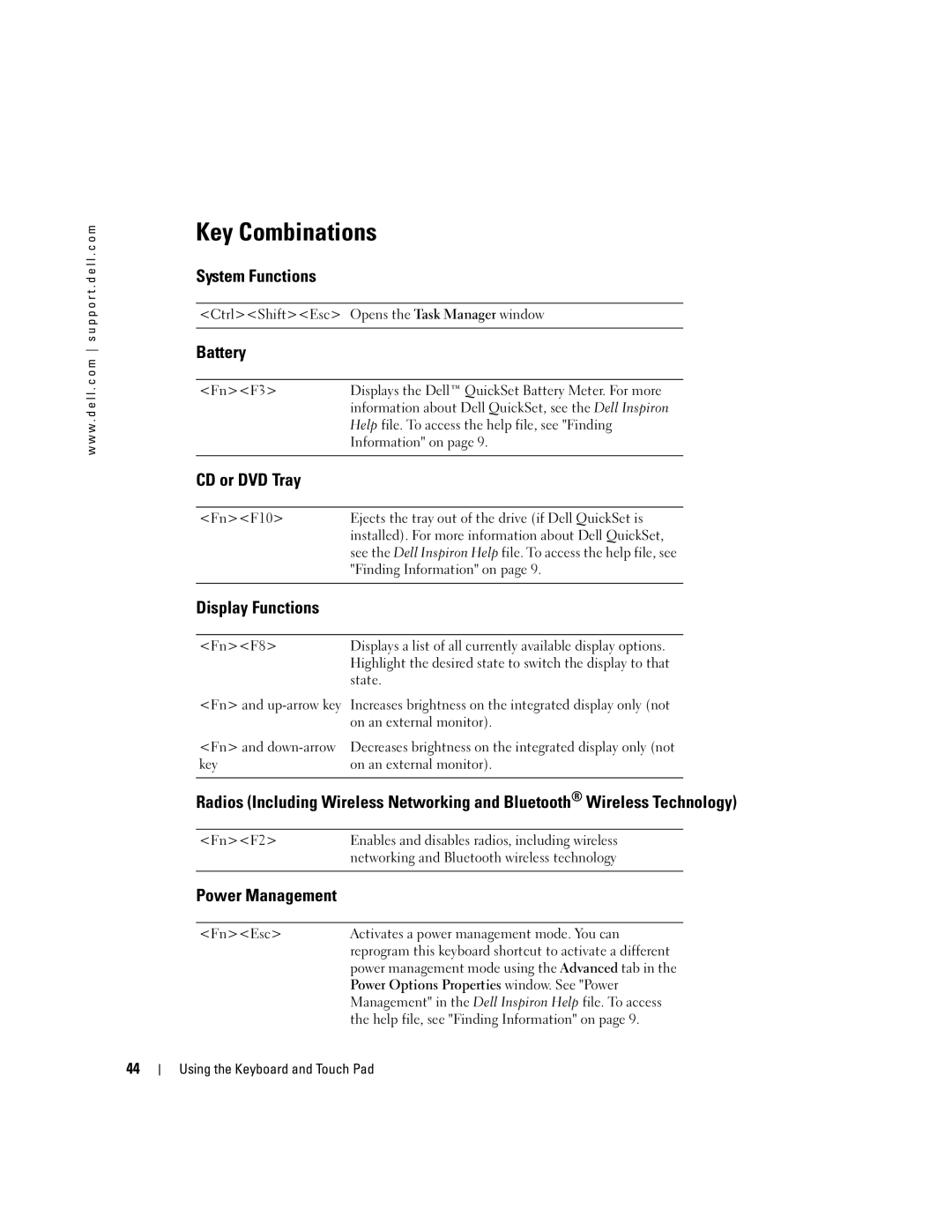 Dell 9300 owner manual Key Combinations 