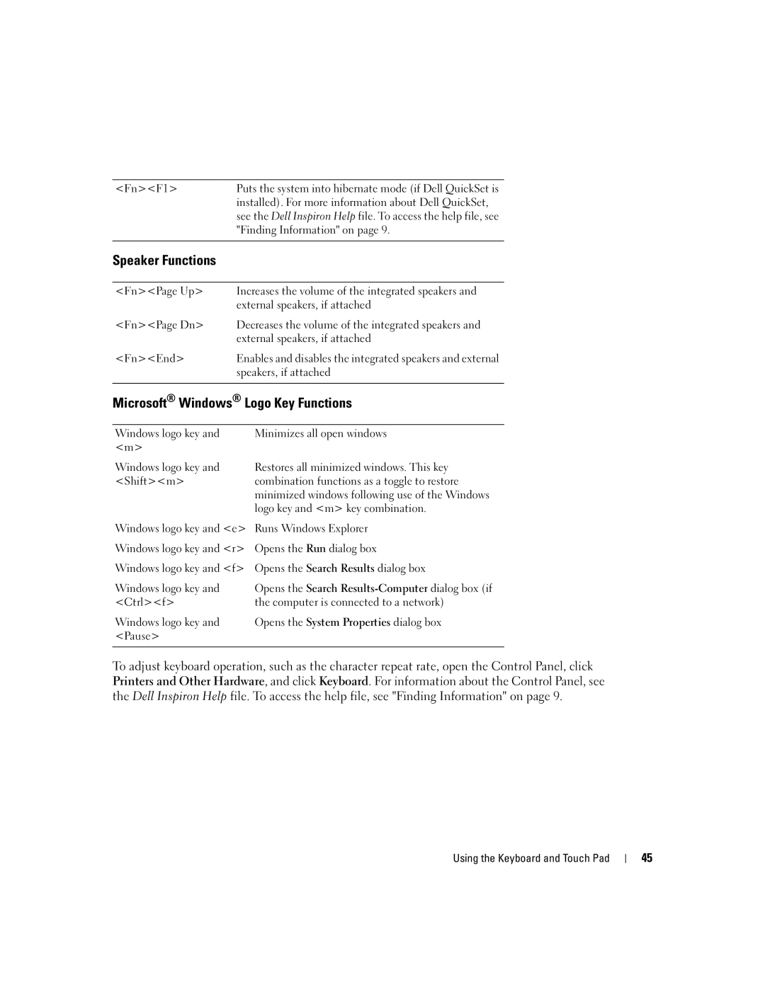 Dell 9300 owner manual Speaker Functions, Microsoft Windows Logo Key Functions 