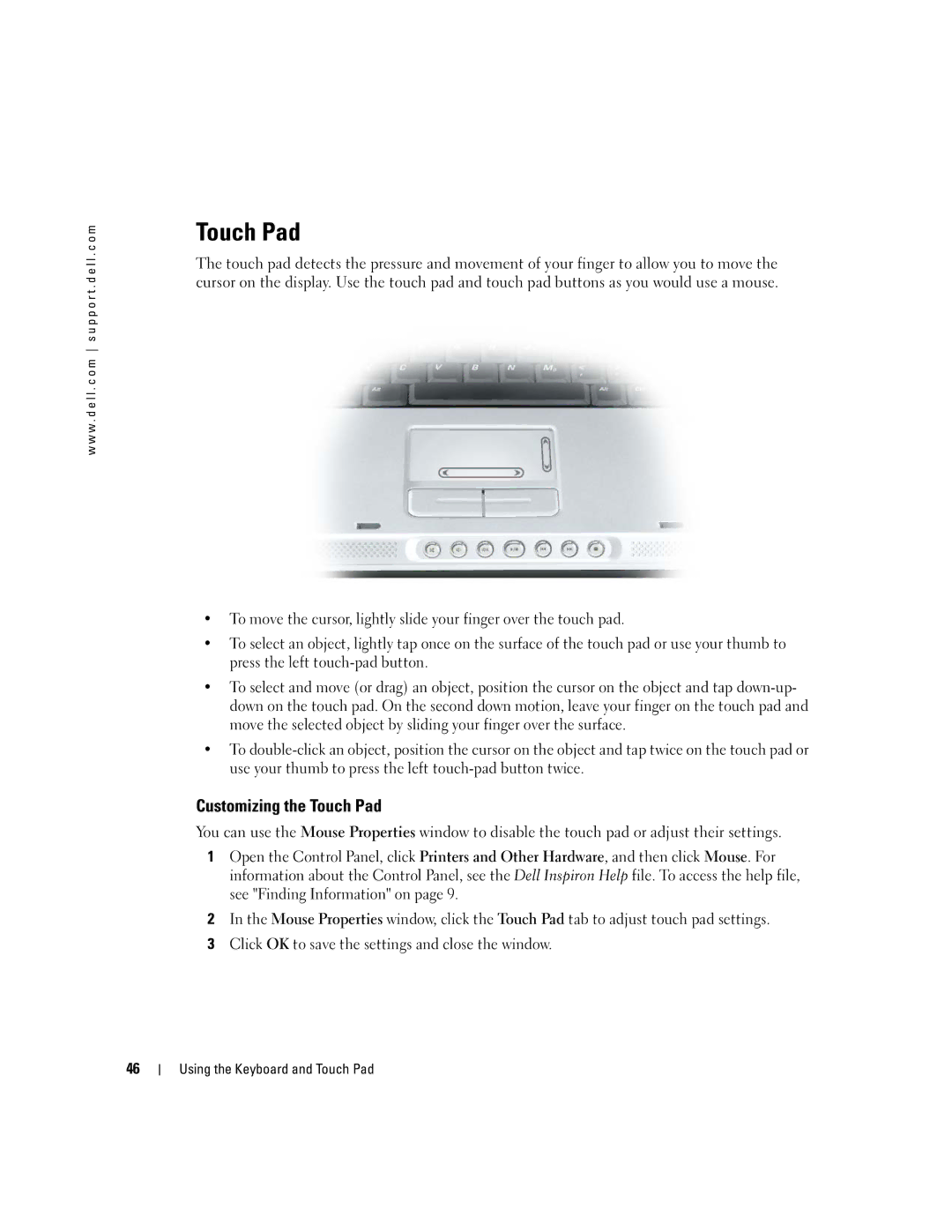 Dell 9300 owner manual Customizing the Touch Pad 