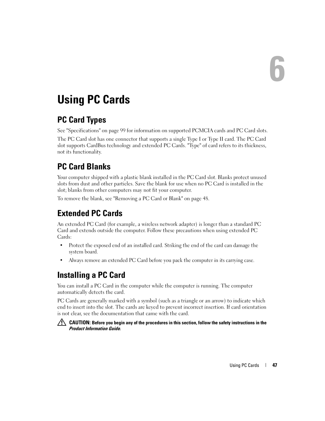 Dell 9300 owner manual Using PC Cards, PC Card Types, PC Card Blanks, Extended PC Cards, Installing a PC Card 