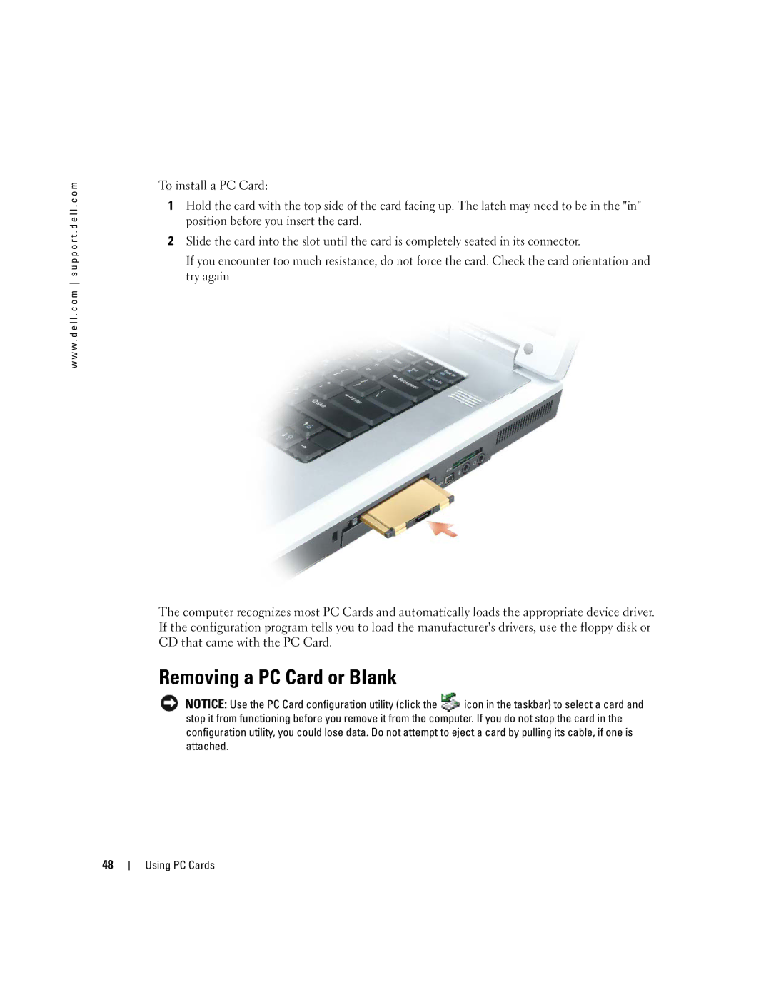 Dell 9300 owner manual Removing a PC Card or Blank 