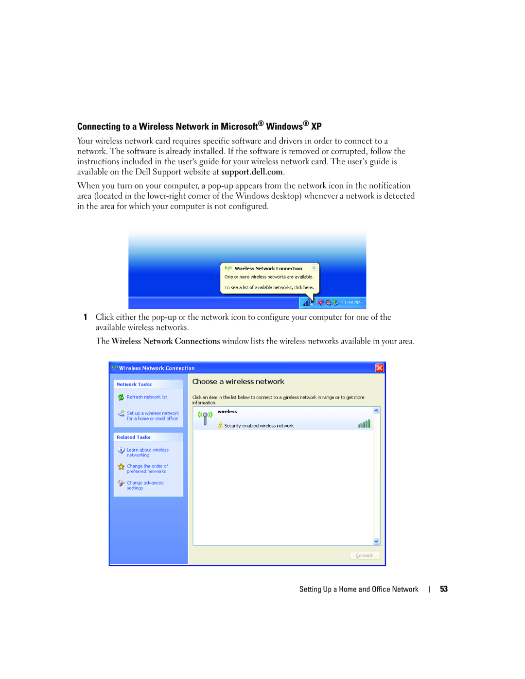 Dell 9300 owner manual Connecting to a Wireless Network in Microsoft Windows XP 