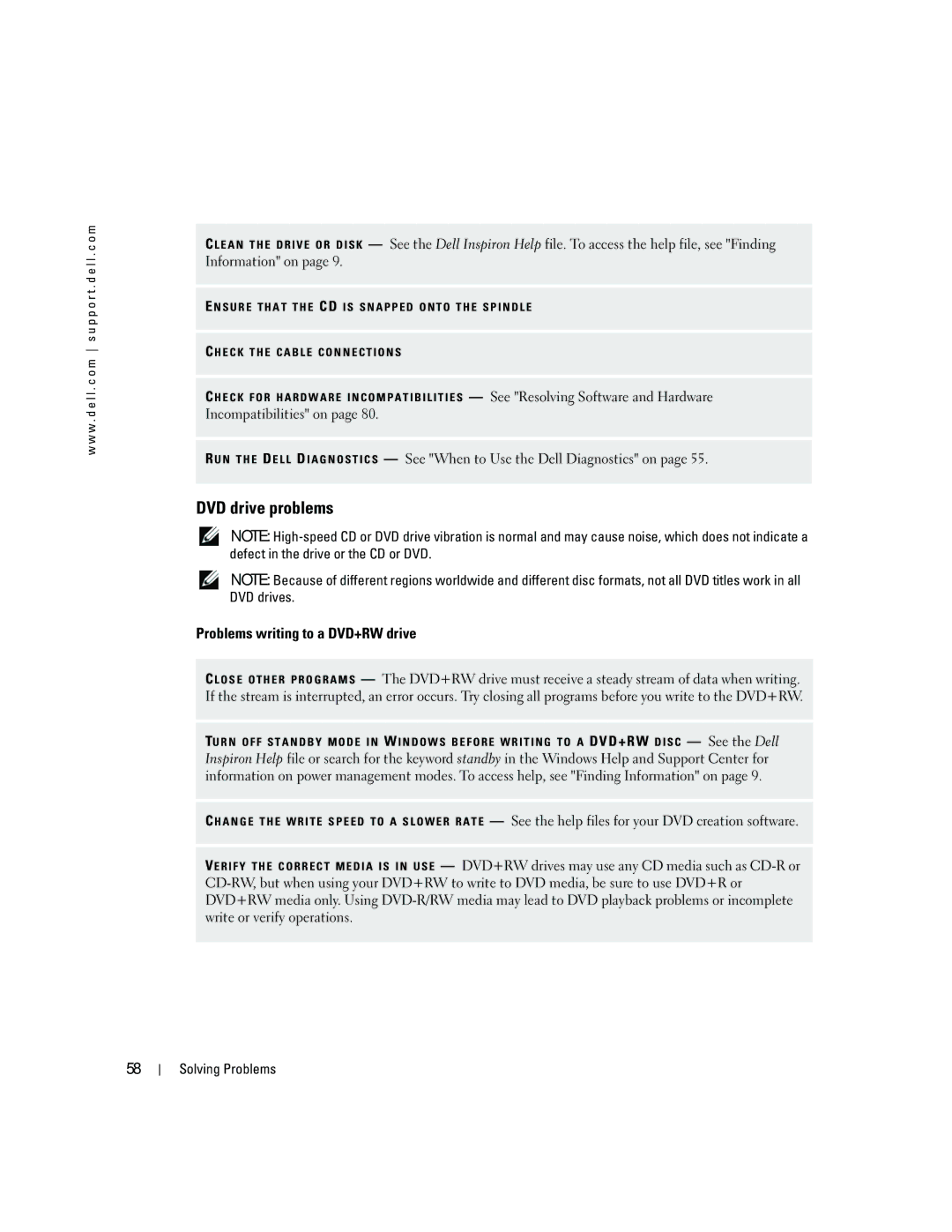 Dell 9300 owner manual DVD drive problems, Problems writing to a DVD+RW drive 