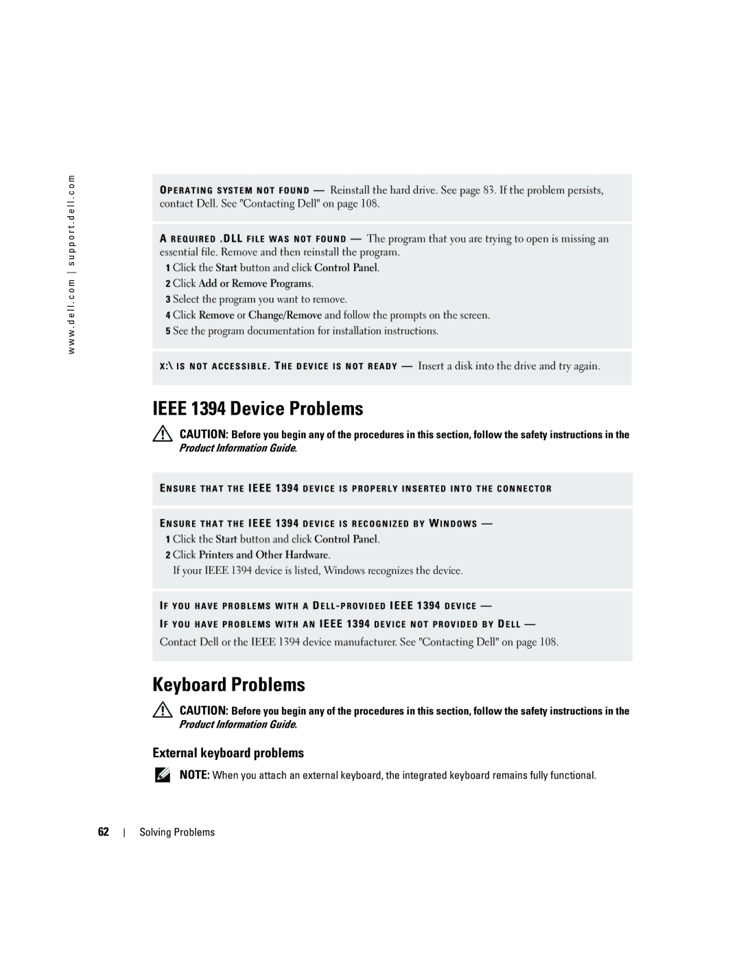 Dell 9300 owner manual Ieee 1394 Device Problems, Keyboard Problems, External keyboard problems 