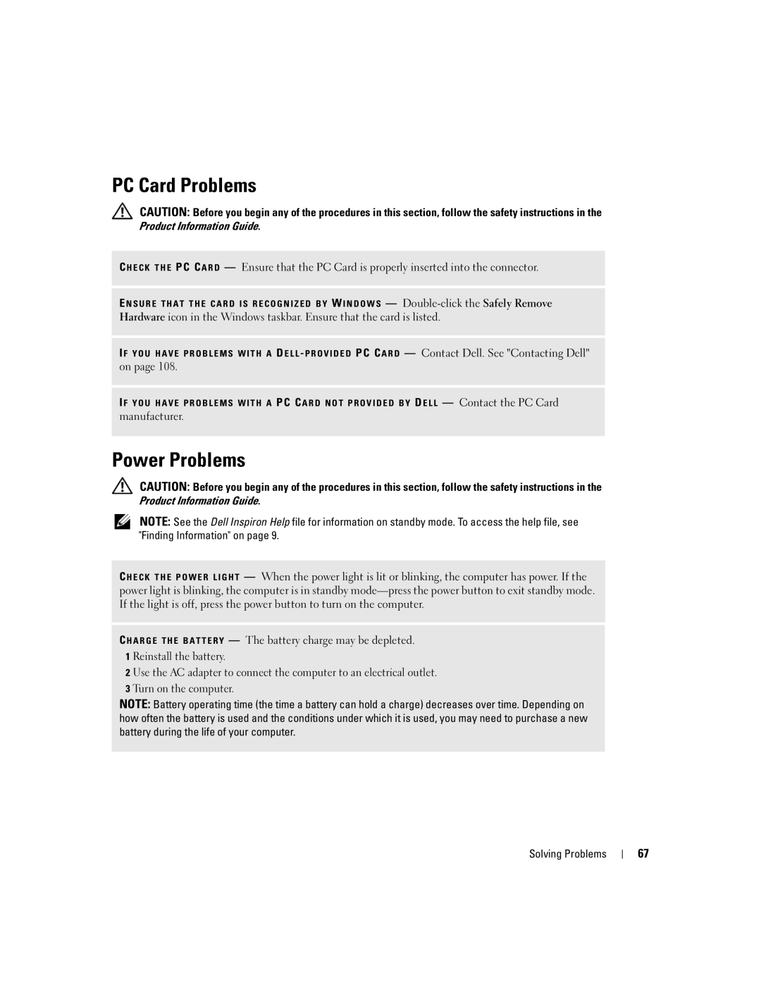 Dell 9300 owner manual PC Card Problems, Power Problems 