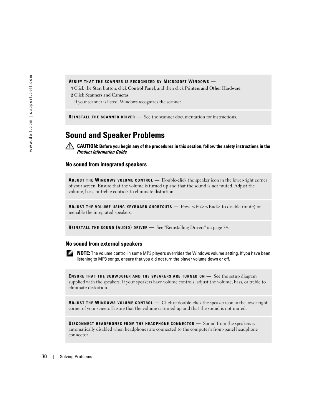 Dell 9300 owner manual Sound and Speaker Problems, No sound from integrated speakers, No sound from external speakers 