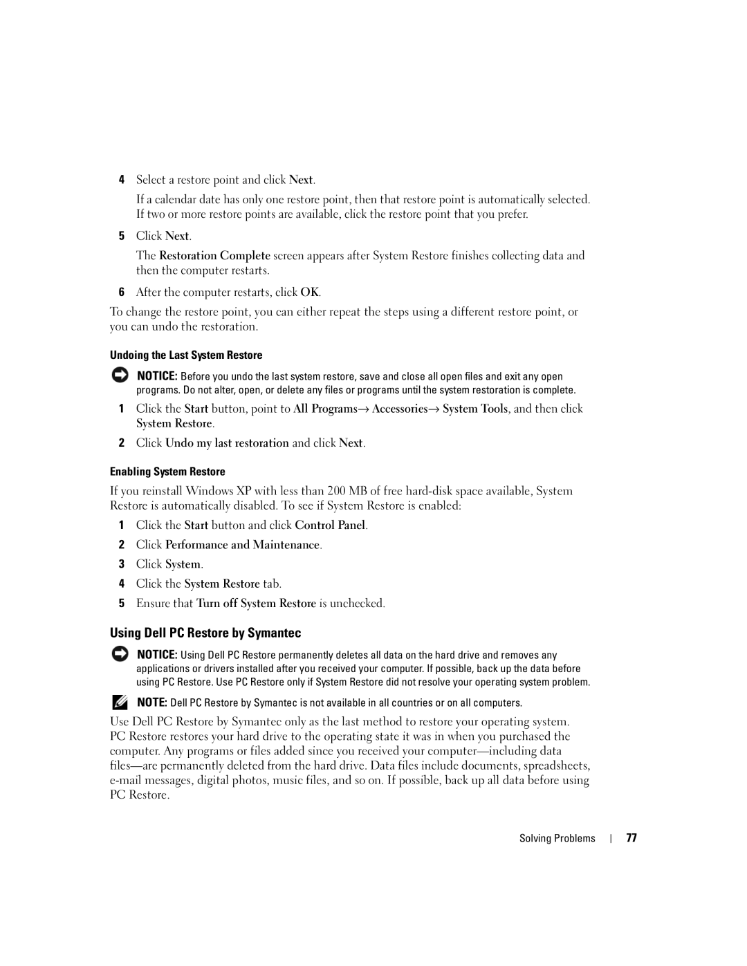 Dell 9300 owner manual Using Dell PC Restore by Symantec 