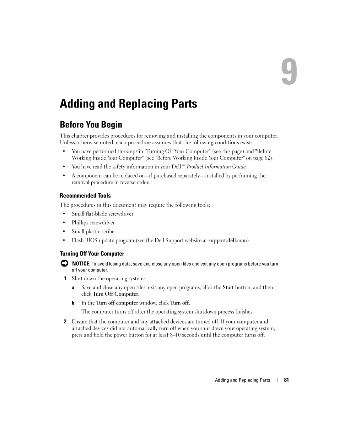 Dell 9300 owner manual Adding and Replacing Parts, Before You Begin, Recommended Tools, Turning Off Your Computer 