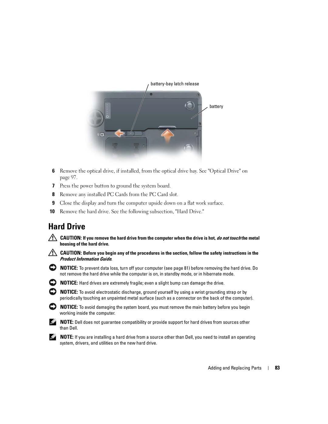 Dell 9300 owner manual Hard Drive, Battery-bay latch release 