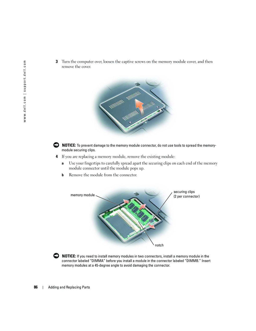 Dell 9300 owner manual Memory module Securing clips, Notch Adding and Replacing Parts 