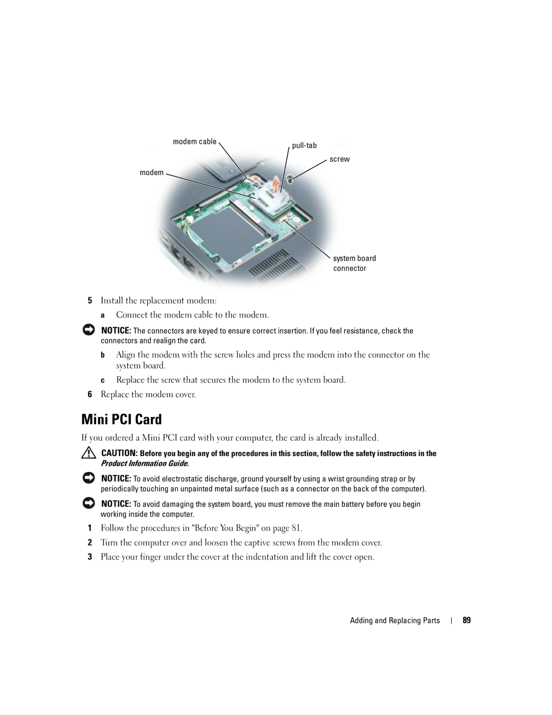 Dell 9300 owner manual Mini PCI Card, Modem cable, Screw Modem 