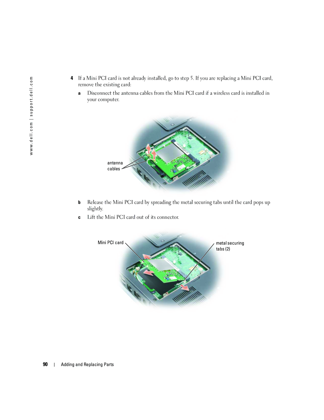 Dell 9300 owner manual Antenna cables, Mini PCI card, Tabs 