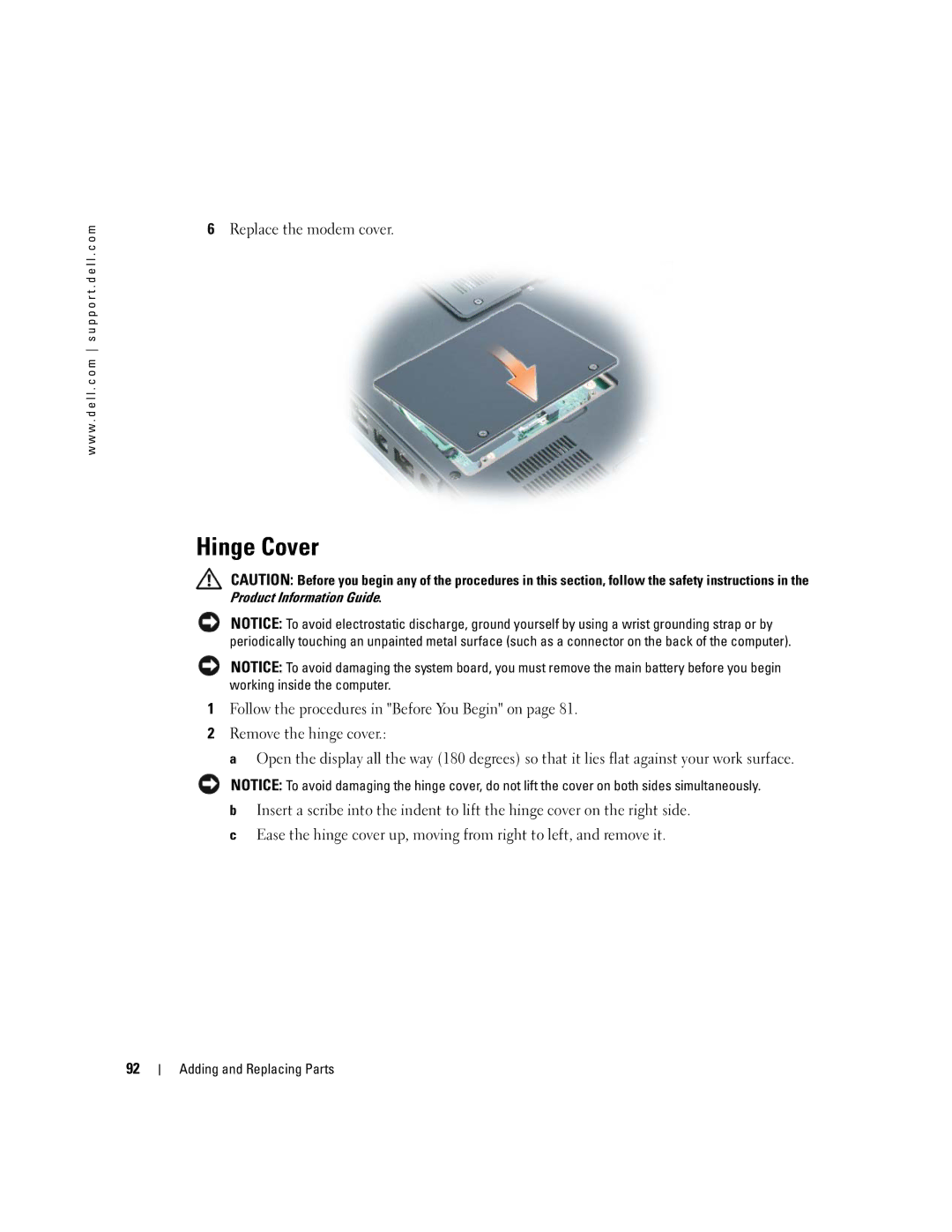 Dell 9300 owner manual Hinge Cover, Replace the modem cover 