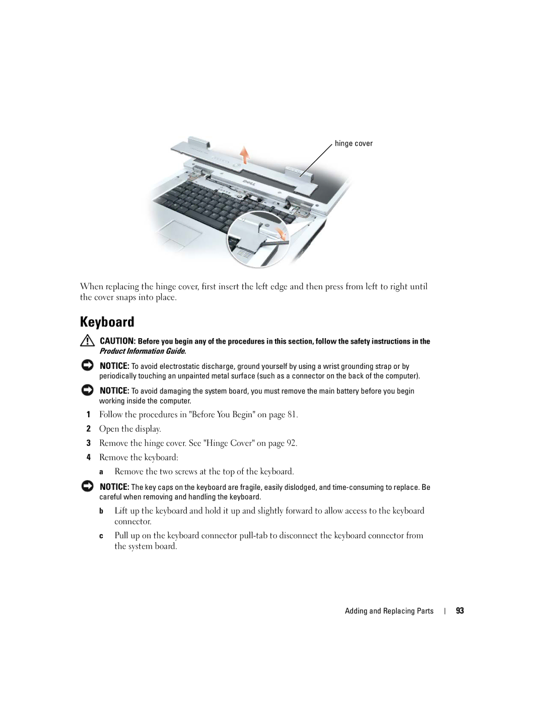 Dell 9300 owner manual Keyboard, Hinge cover 