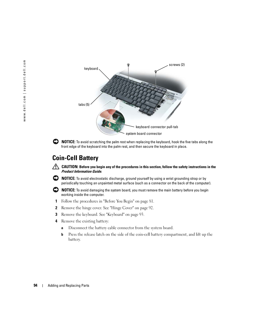 Dell 9300 owner manual Coin-Cell Battery 