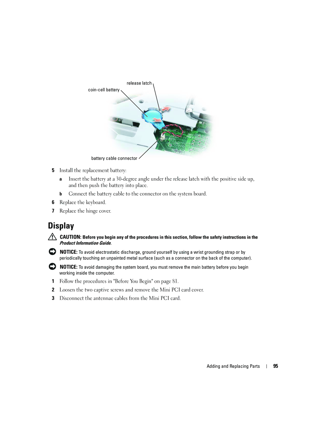 Dell 9300 owner manual Display, Release latch Coin-cell battery Battery cable connector 