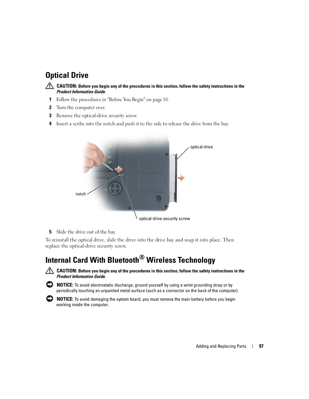 Dell 9300 owner manual Optical Drive, Internal Card With Bluetooth Wireless Technology, Slide the drive out of the bay 